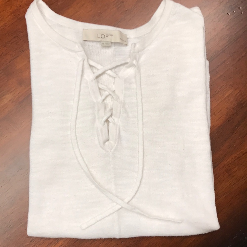 LOFT Lace Up White Cotton Sweater Petite Small